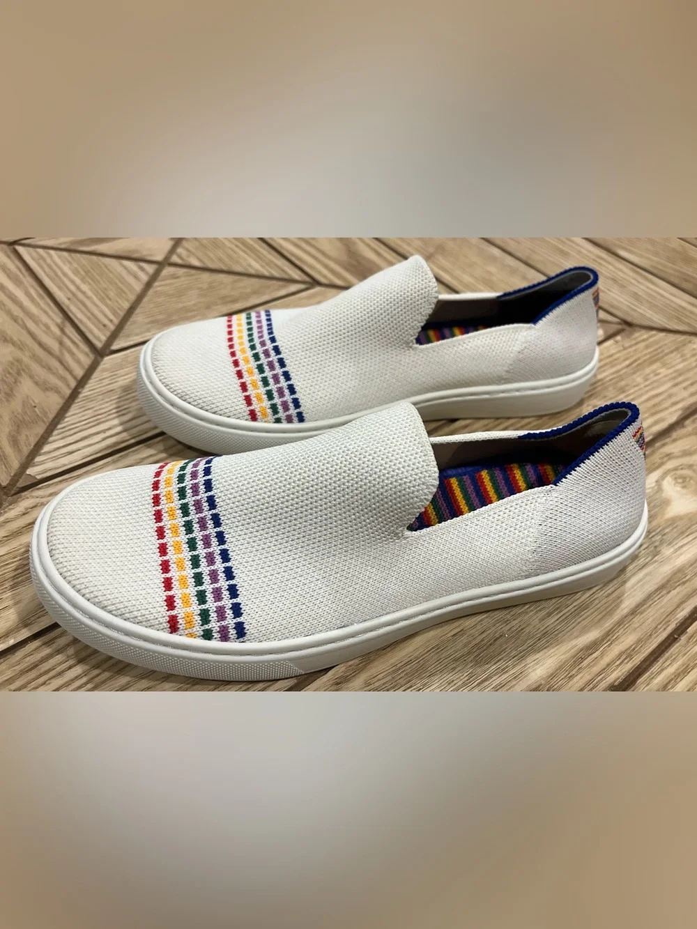 Rothy’s White Kids Slip-On Sneakers with Rainbow accent size 3